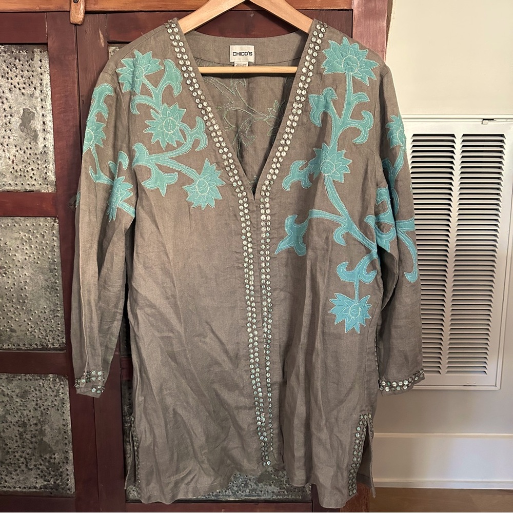 Chicos Size 2 100% Linen Jacket Blouse Light Brown and Teal